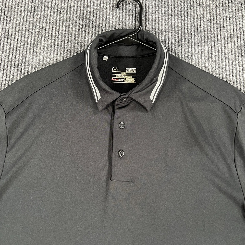 Under Armour Polo Shirt Mens Medium Black Short Sleeve Loose Fit Heat Gear Golf